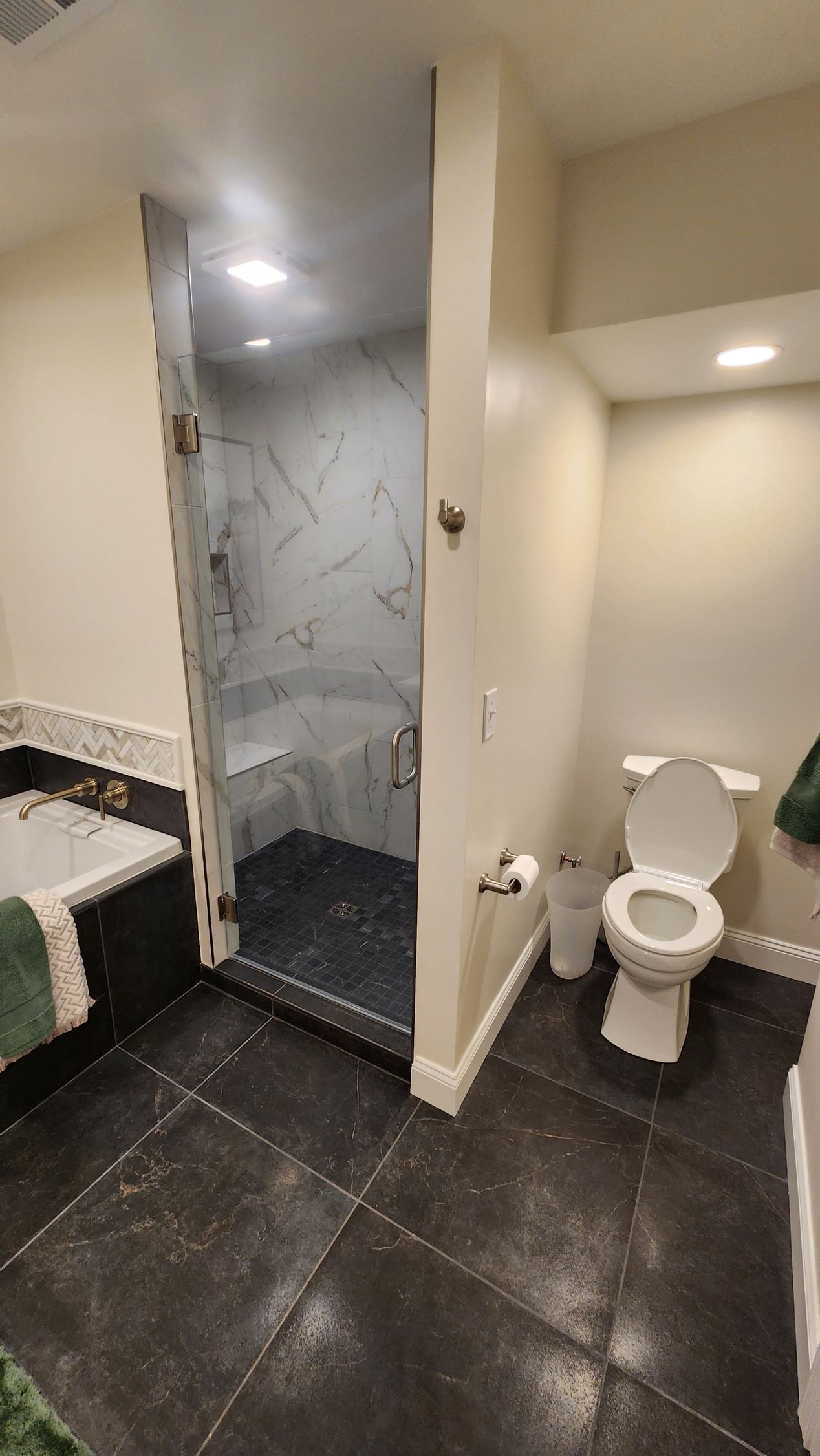 Bathroom with glass shower, toilet, and a tub. Black tile flooring.