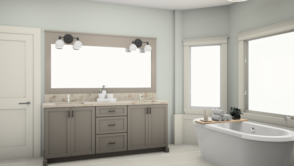 A 3D render of a bathroom with two sinks , a tub , and a large mirror.