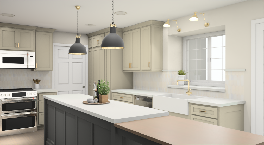 A 3D render of a kitchen with a large island in the middle of it.