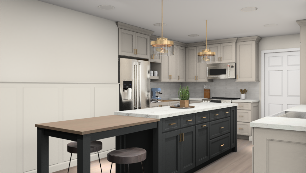 A 3D render of a kitchen with a large island and a table in the middle.