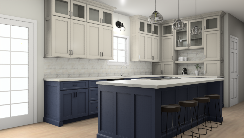 A 3D render of a kitchen with white cabinets and blue cabinets and a large island.