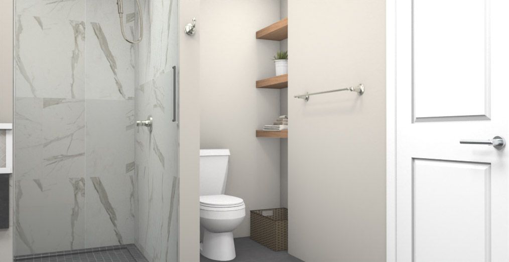 Bathroom with a glass shower, toilet, and wooden shelves.
