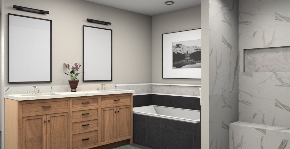 Bathroom with wooden vanity, mirrors, a tub, and a shower with marble-like tile.