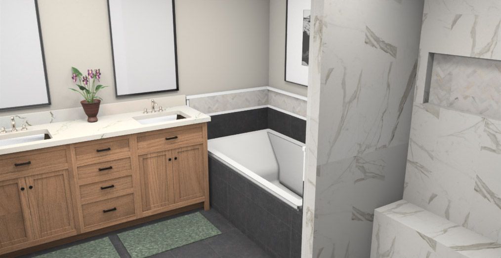Bathroom with double sinks, tub, and marble-like tile. Wooden cabinets, gray accents, and two mirrors.