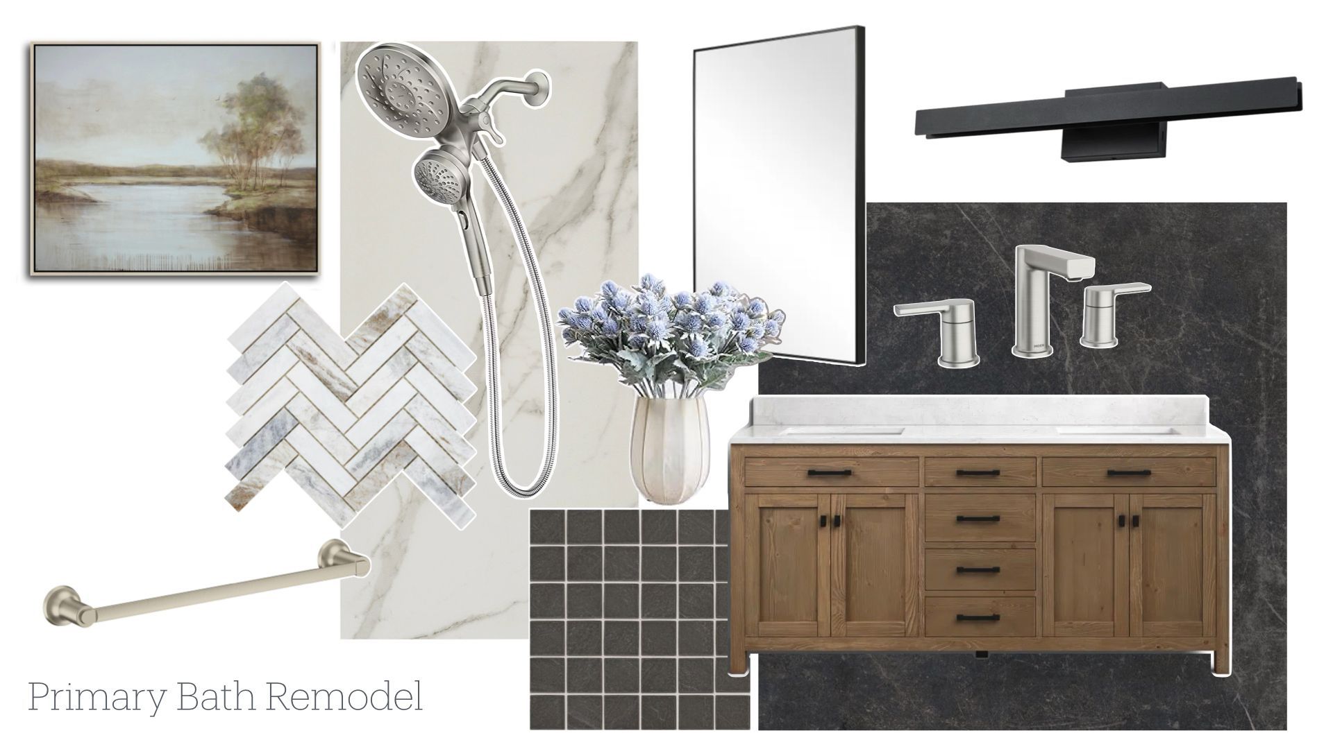Mood board for a primary bathroom remodel, showcasing materials, fixtures, and decor.