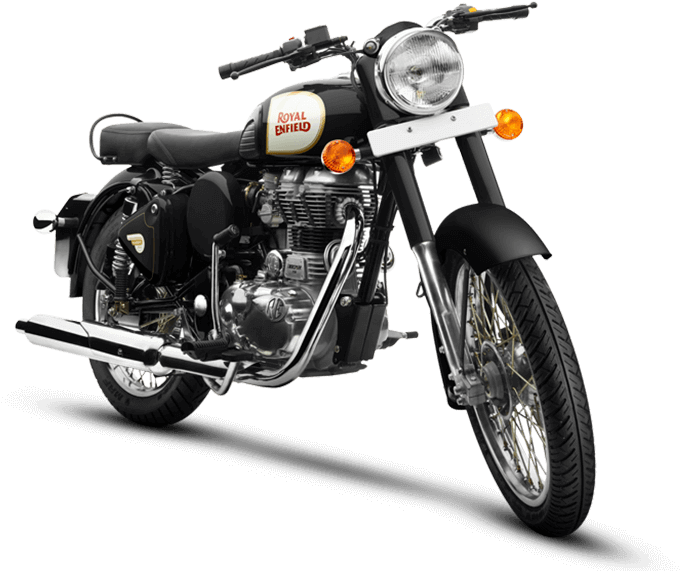 Motocicleta Royal Enfield preta sobre fundo branco, vista frontal em ângulo com detalhes cromados.