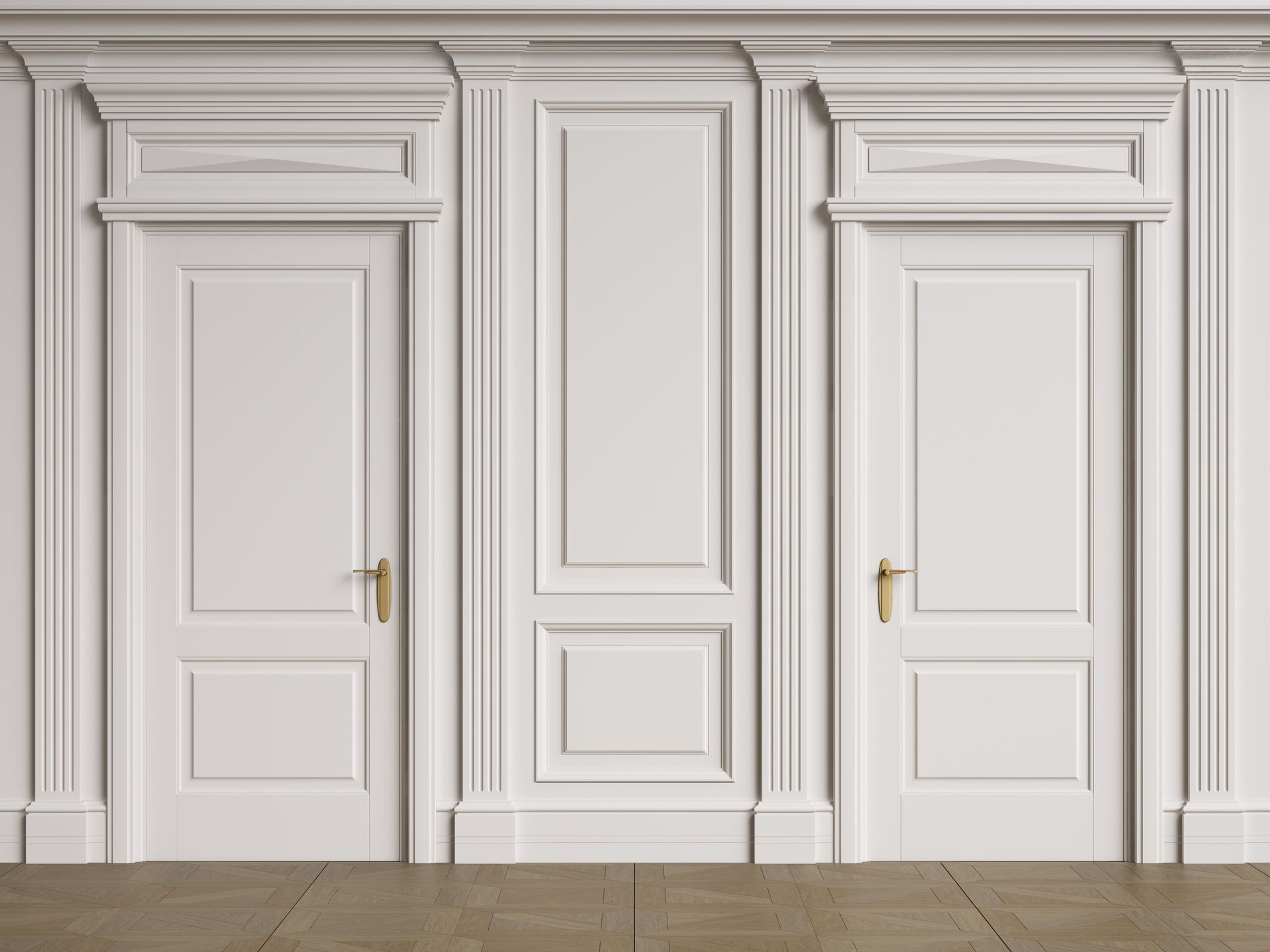 a room with three white doors and a wooden floor .