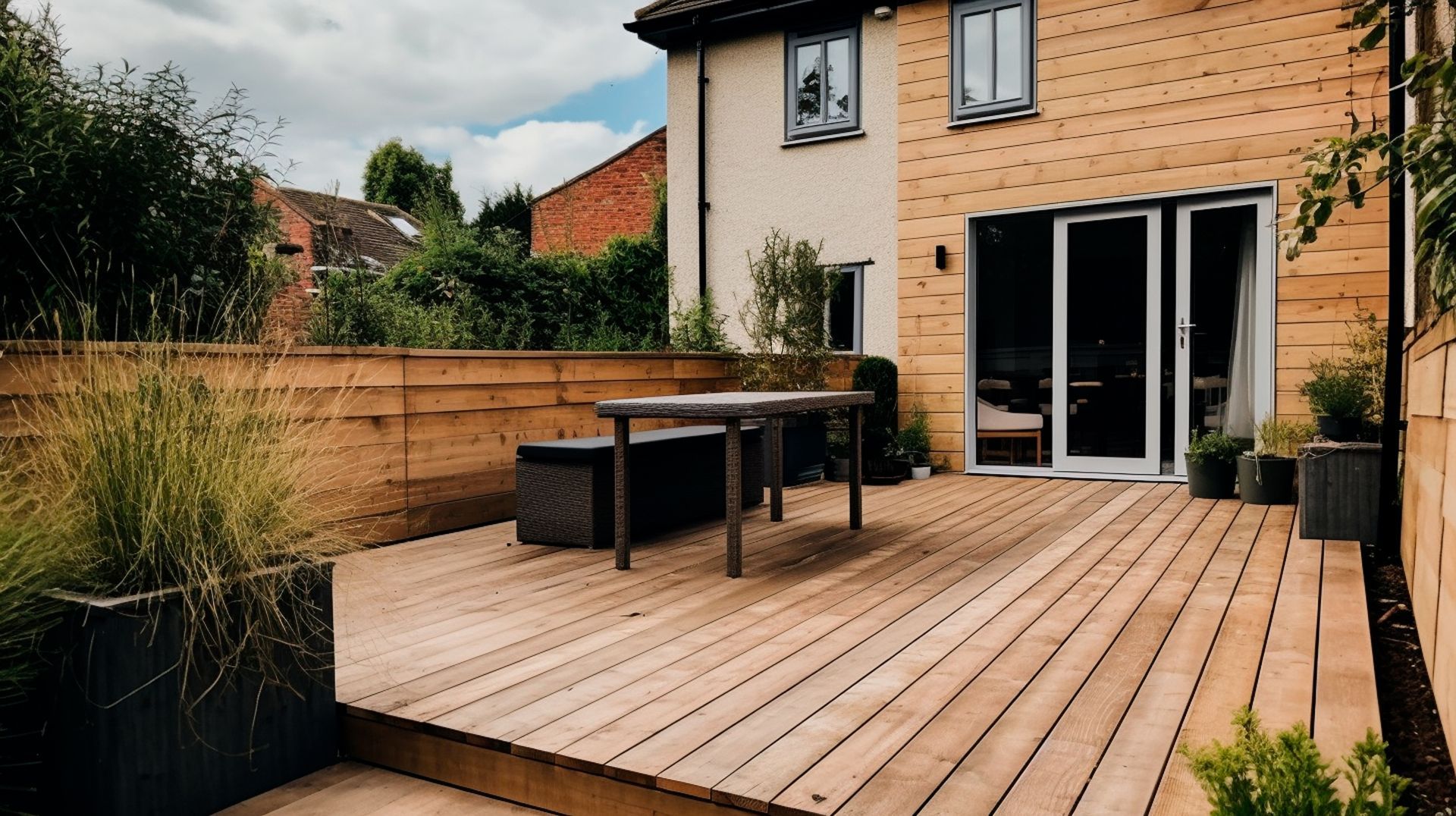 a wooden deck with a table and benches in front of a house .