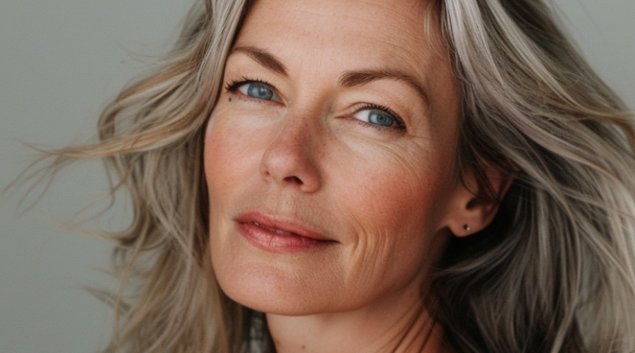 Woman with silver-gray wavy hair and blue eyes, looking slightly to the side with a soft expression.