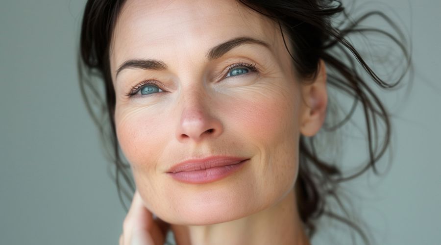 Woman with light skin, blue eyes, and brown hair, smiling with natural makeup.