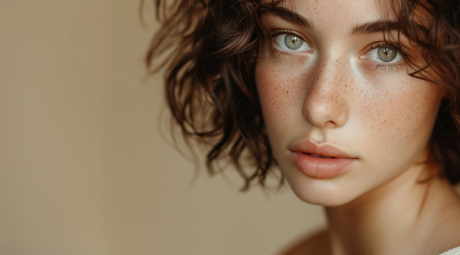 Woman with green eyes and freckles, brown curly hair, looking directly at the viewer.