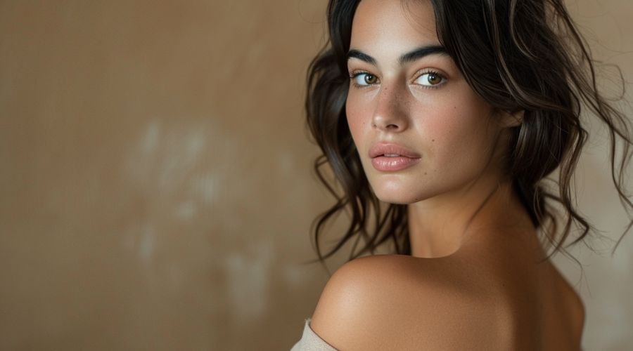 Woman with wavy dark hair looks over shoulder, soft lighting on beige background.
