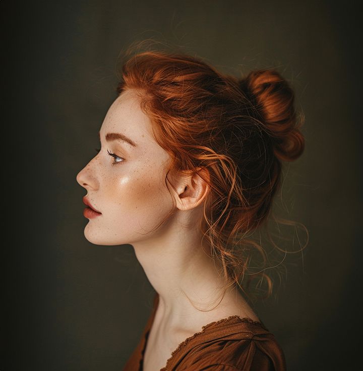 Woman with red hair in a bun, profile view; skin highlighted, wearing a brown top.