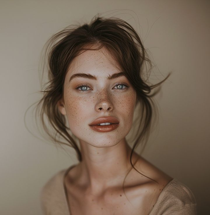 Woman with fair skin, freckles, and blue eyes; looking at the camera. Soft, natural lighting.