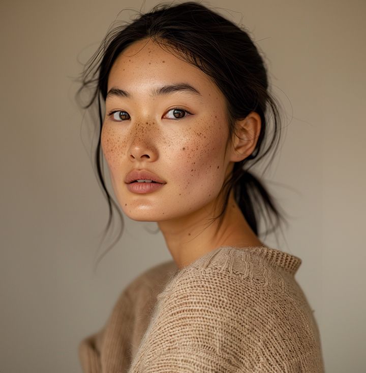 Woman with dark hair, freckles, and a neutral expression, wearing a beige sweater.