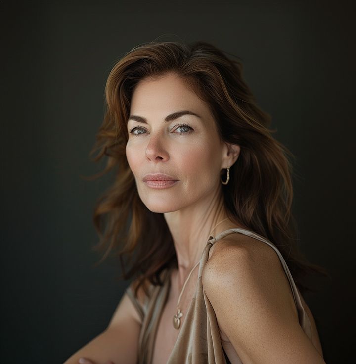 Woman with brown hair and serious expression against a dark background, wearing a light-colored top and necklace.