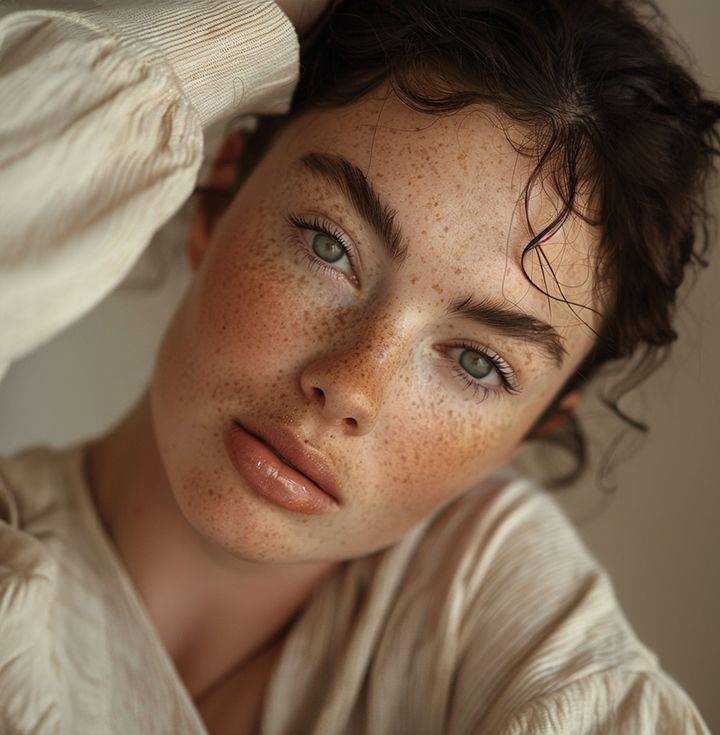 Woman with freckles gazing at camera; soft lighting, fair skin, light-colored blouse.