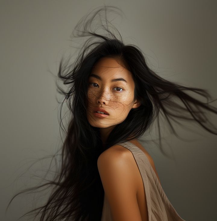 Woman with long dark hair blowing in the wind, wearing a beige tank top, looking at the camera.