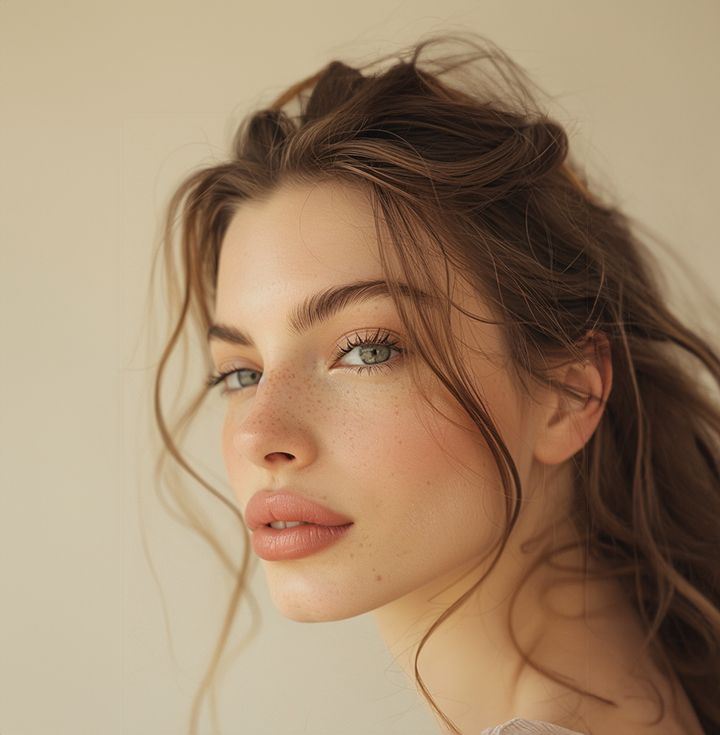 Woman with fair skin, freckles, and blue eyes; looking at the camera. Soft, natural lighting.