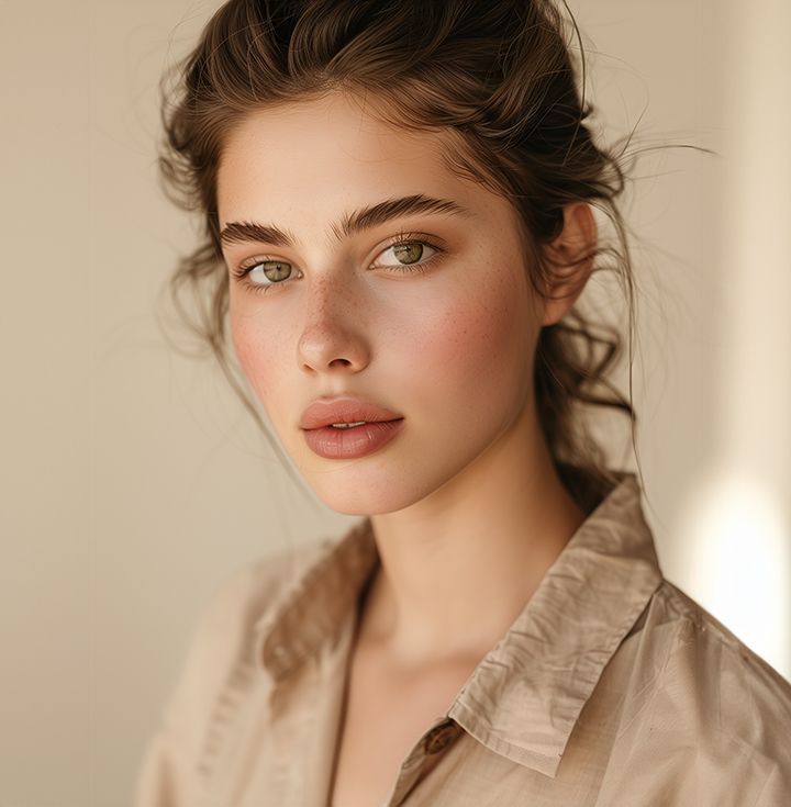 Woman with green eyes and freckles gazes at the camera.
