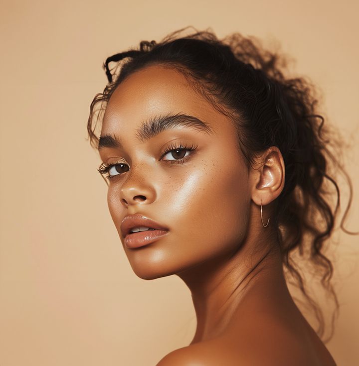 Woman with glossy skin and brown hair, looking over her shoulder, on a tan background.