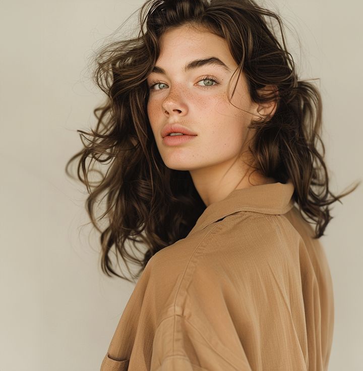 Woman with curly brown hair, wearing a tan shirt, looking over her shoulder, natural light.