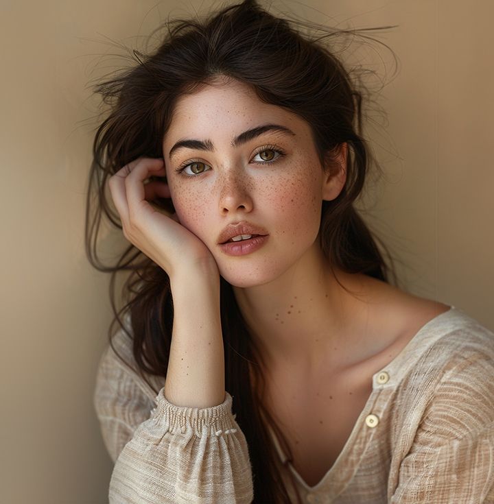 Woman with freckles, fair skin, and green eyes, resting her chin on her hand, wearing a light-colored top.