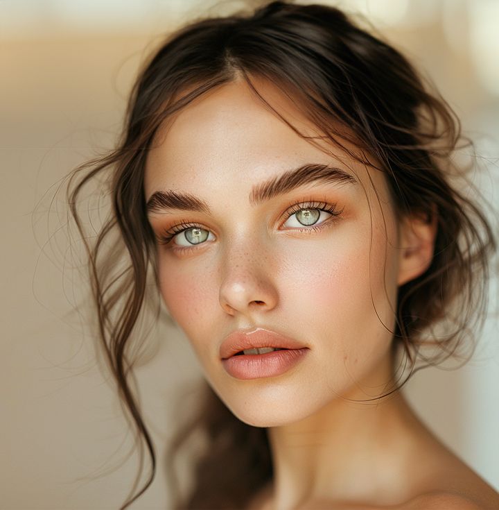Woman with green eyes, fair skin, and tousled brown hair, looking at the viewer.