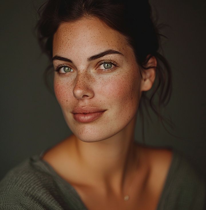 Woman with green eyes and freckles gazes softly at the camera.