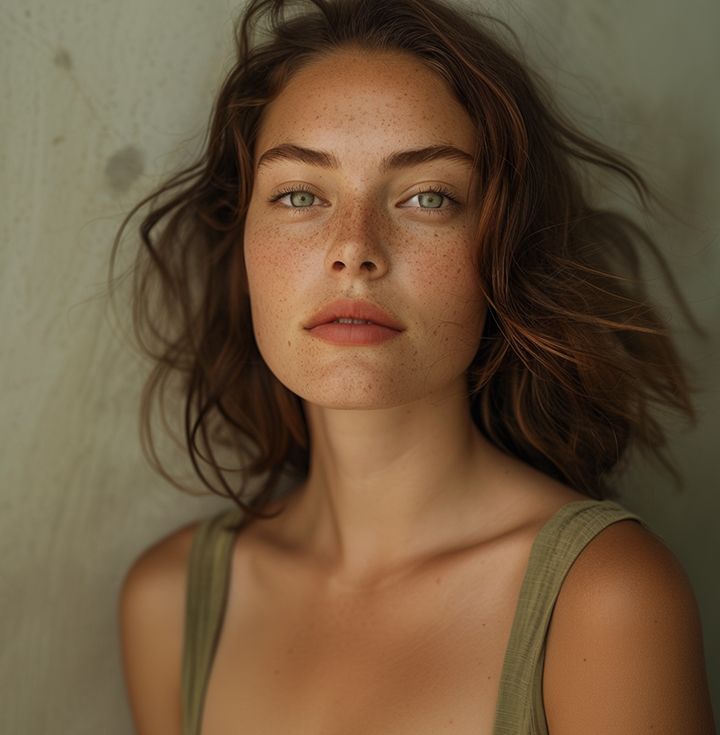 Woman with freckles and wavy brown hair gazes at the camera, wearing a green tank top, against a neutral wall.