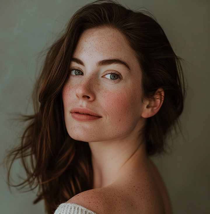 Woman with freckles looks towards the camera, light skin, brown hair, rosy cheeks.