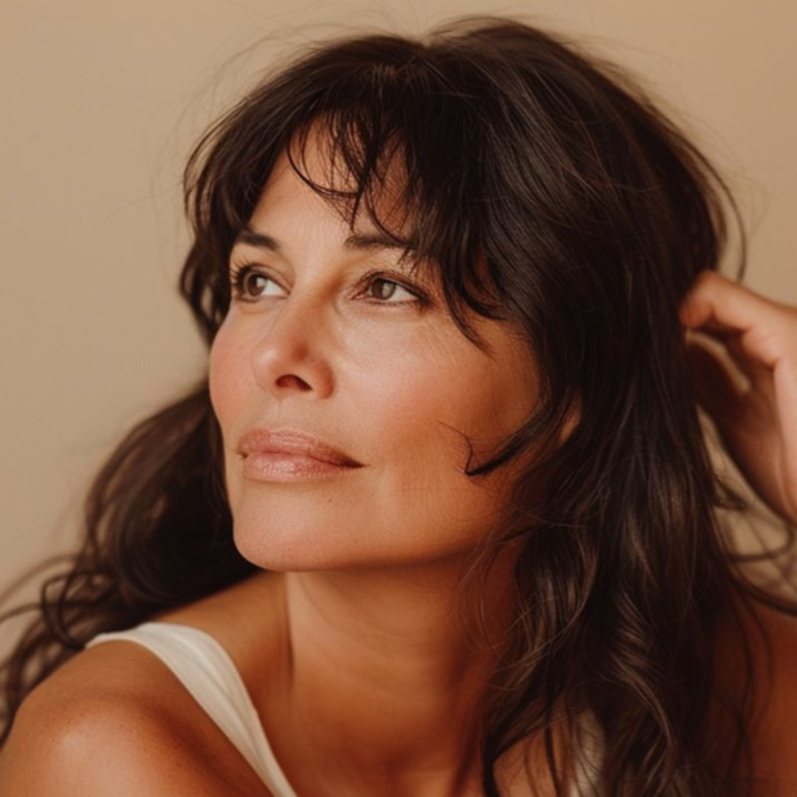 Woman with green eyes and freckles gazes at the camera.