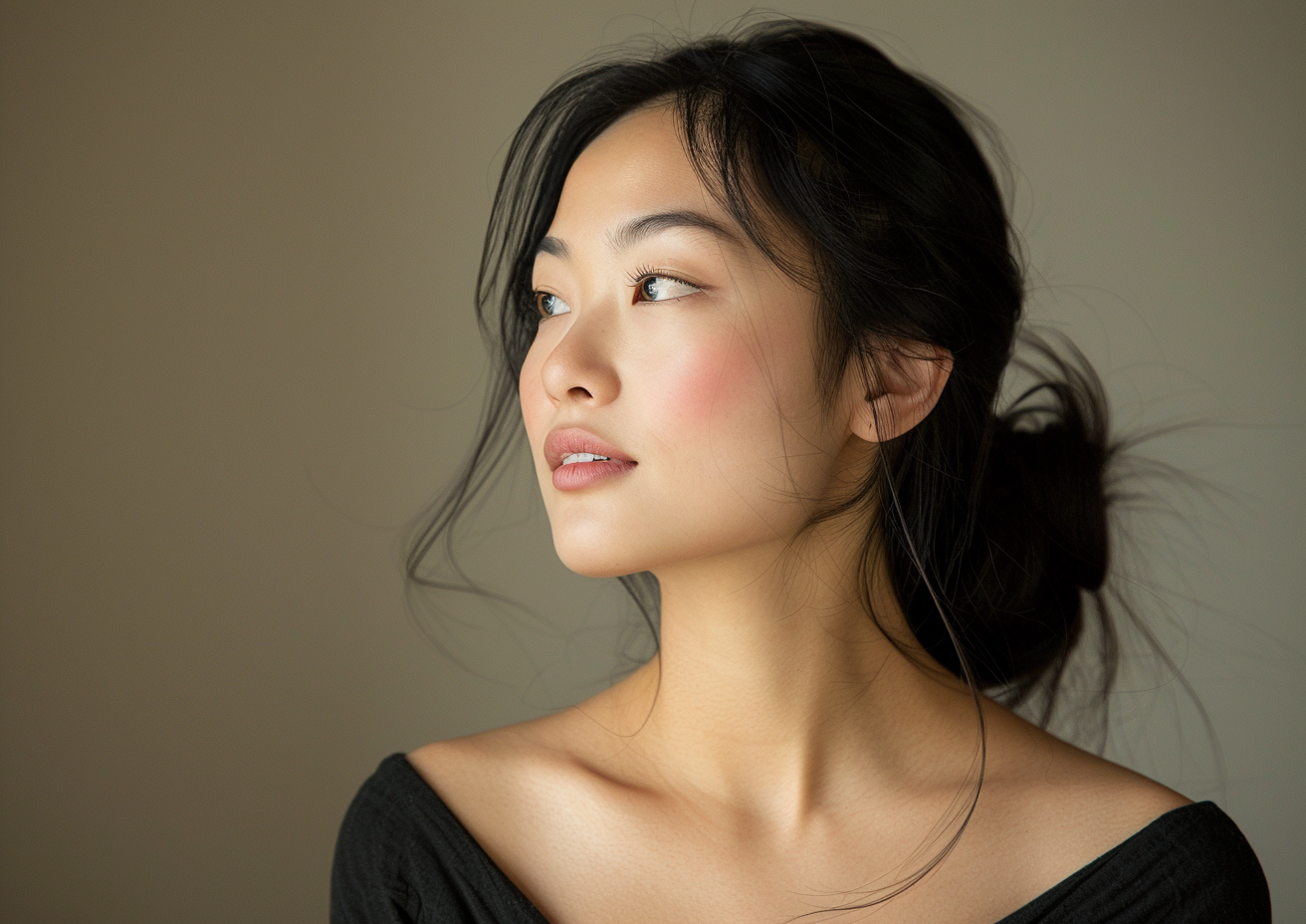 Woman with dark hair in a low bun looking off-camera; wearing a black top, rosy cheeks, natural makeup, and necklace.