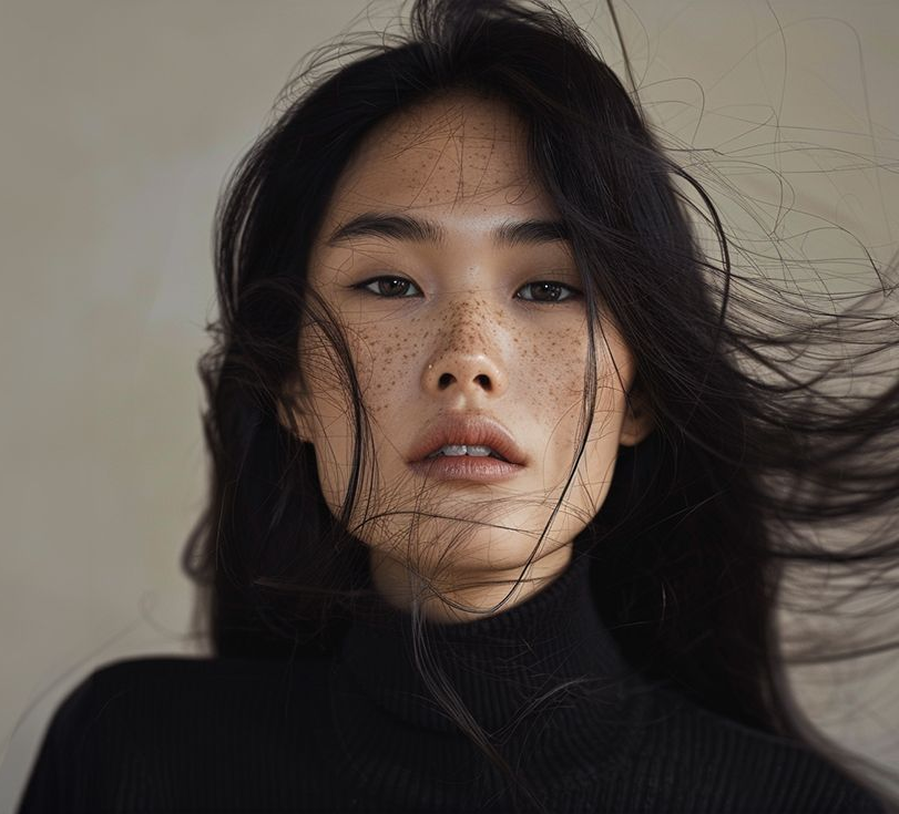 Woman with long, dark hair and freckles, wearing a black turtleneck, looking at the camera.