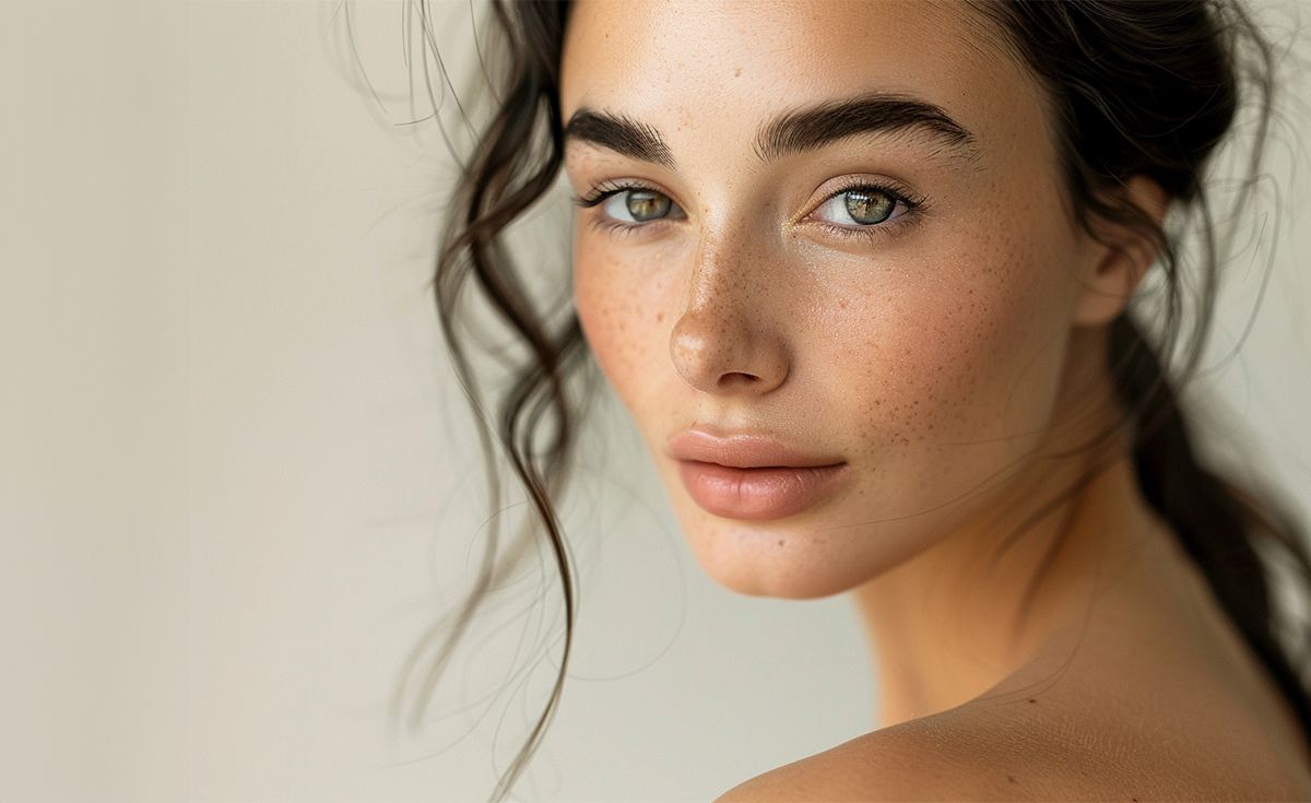 Woman with wavy dark hair, light skin, freckles, and green eyes looking towards the viewer, soft lighting.