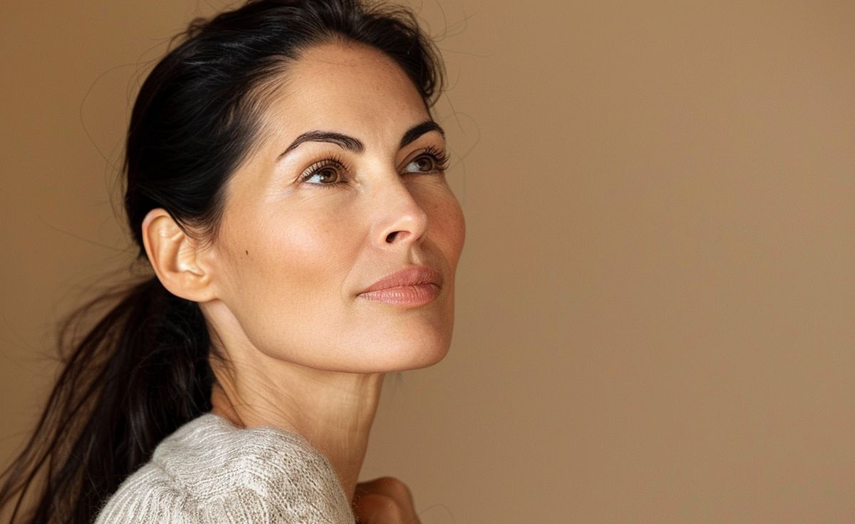 Woman with dark hair, looking up pensively, wearing a light-colored sweater, against a neutral background.
