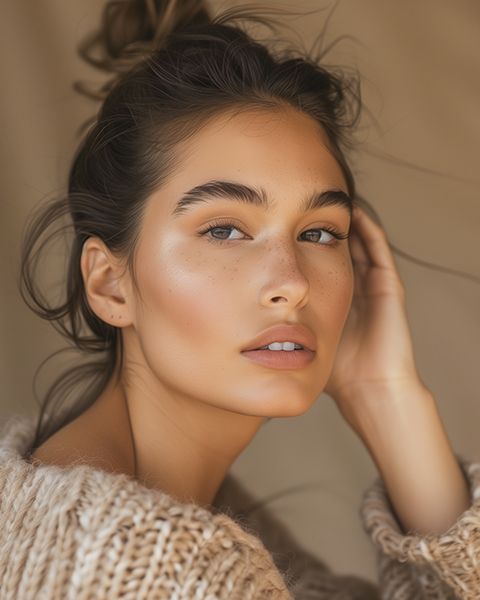 Woman with updo, wearing a sweater, looking towards the camera, illuminated skin and subtle makeup.