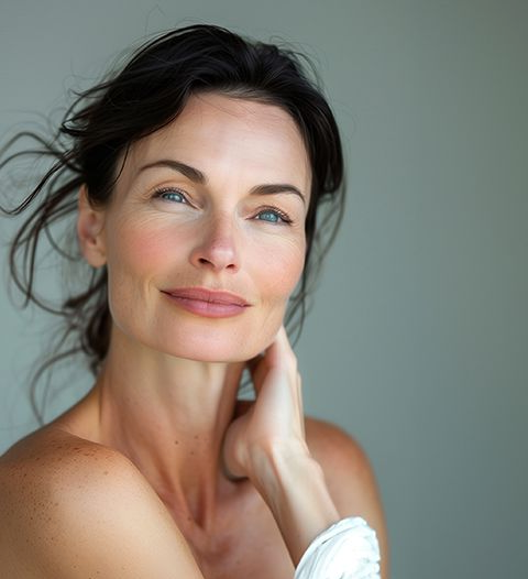 Woman with dark hair looking up, hand on neck, smiling. Soft lighting, neutral background.