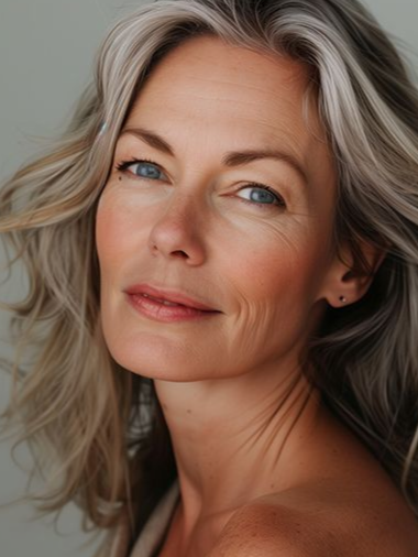 Woman with silver-blonde hair, light skin, and blue eyes gazes at the viewer, lit from above, smiling slightly.