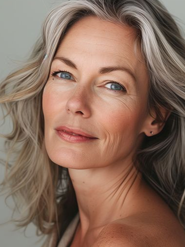 Woman with wavy gray hair, blue eyes, and a neutral expression, posing for a portrait.