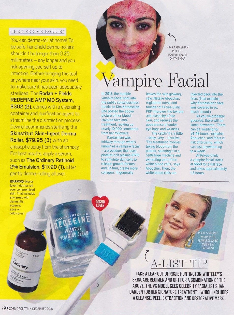 Magazine spread on vampire facials with photos of a woman with blood on her face, equipment, and a woman with healthy skin.