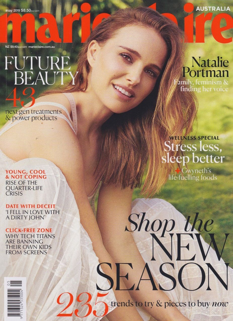 Magazine cover of Natalie Portman; she smiles, wearing a white dress. Text: 