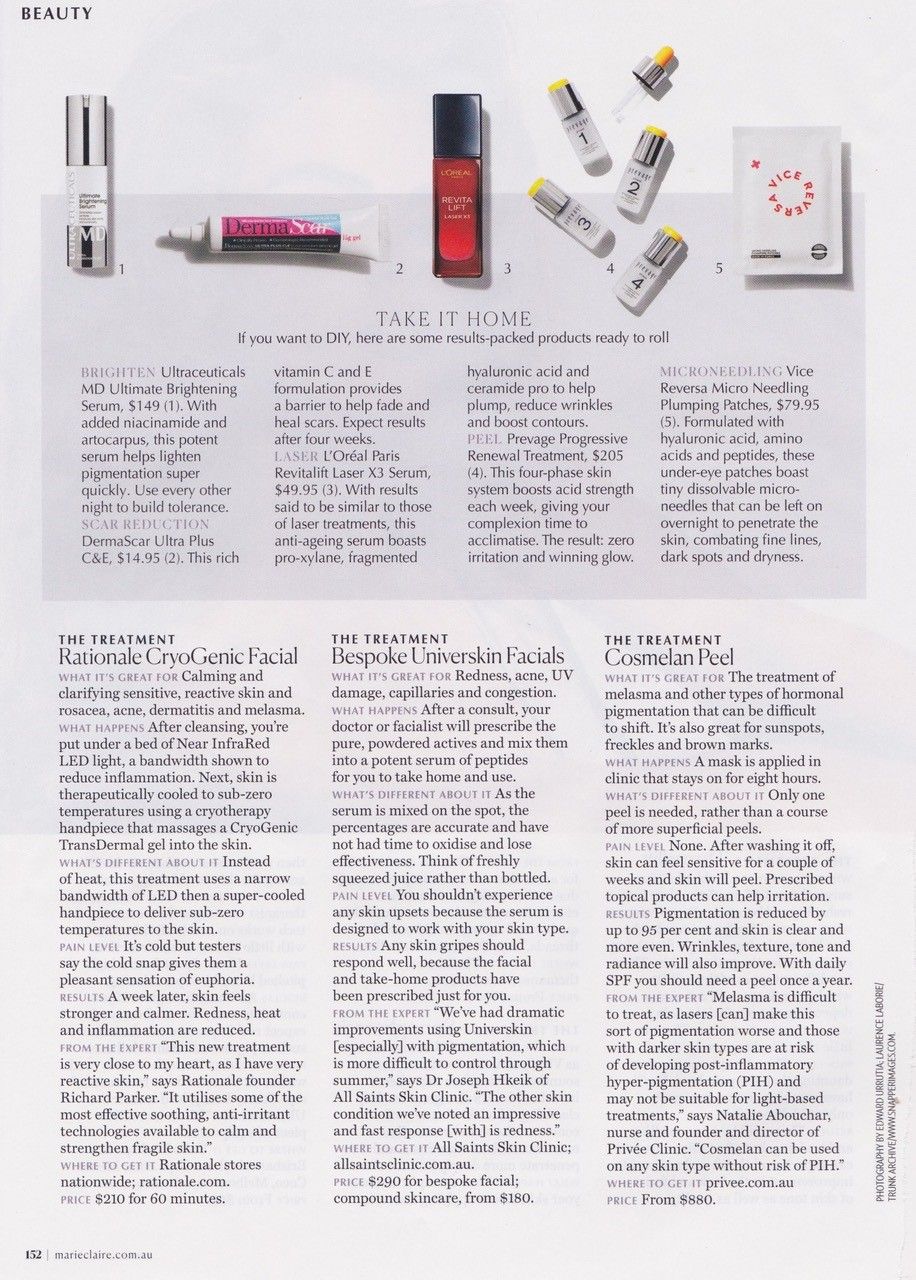 Cosmetics layout featuring bottles and vials, text describing products and benefits.