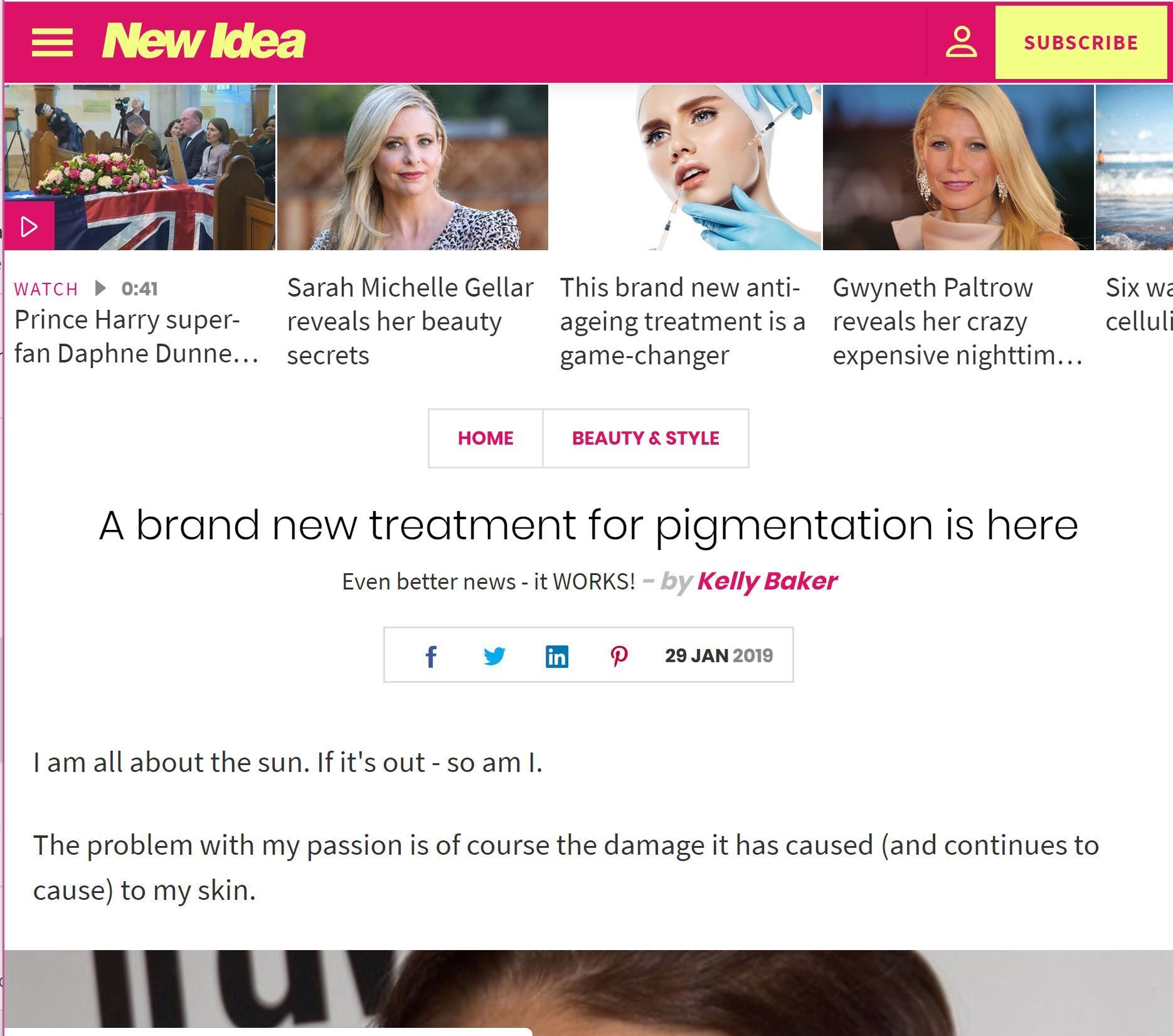 Article about a new pigmentation treatment on the New Idea website.