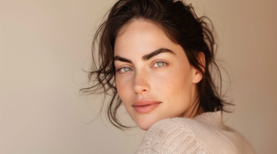 Woman with fair skin, freckles, and blue eyes; looking at the camera. Soft, natural lighting.