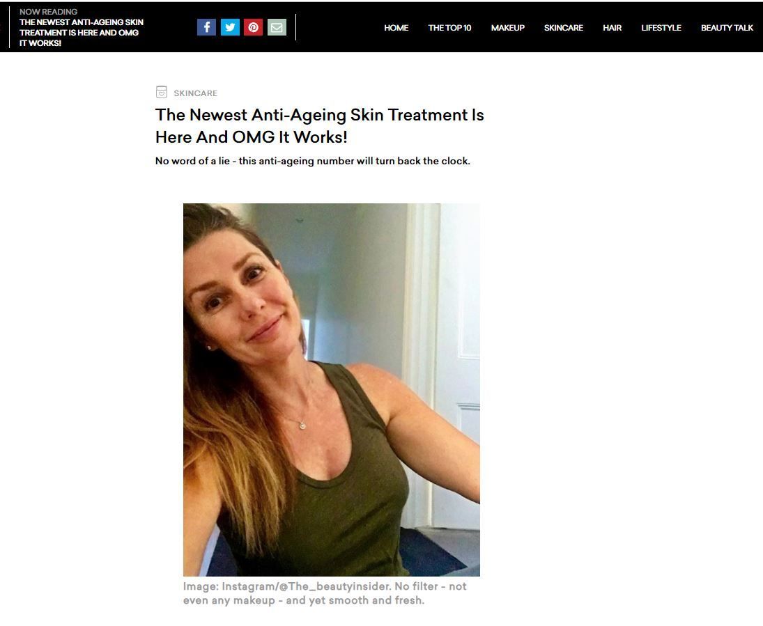 Woman in green tank top, smiling, in a bright room. Article about anti-aging skin treatment.