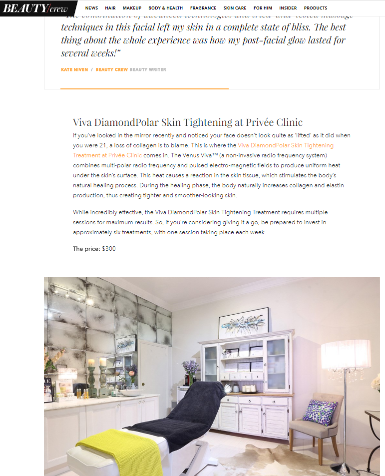 Beauty clinic interior with treatment bed and products; article headline visible.