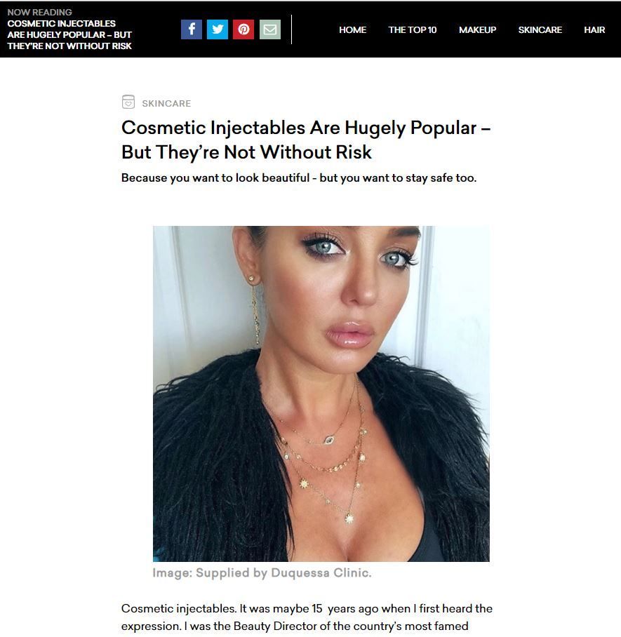 Article about cosmetic injectables. A woman with full lips in a black top is the main visual.