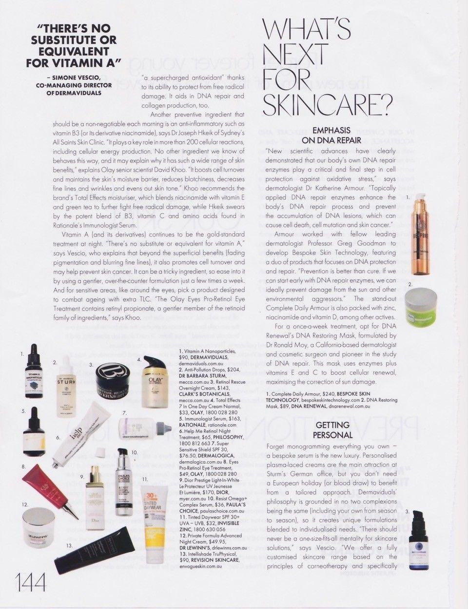 Magazine spread about skincare products, with text and product photos.
