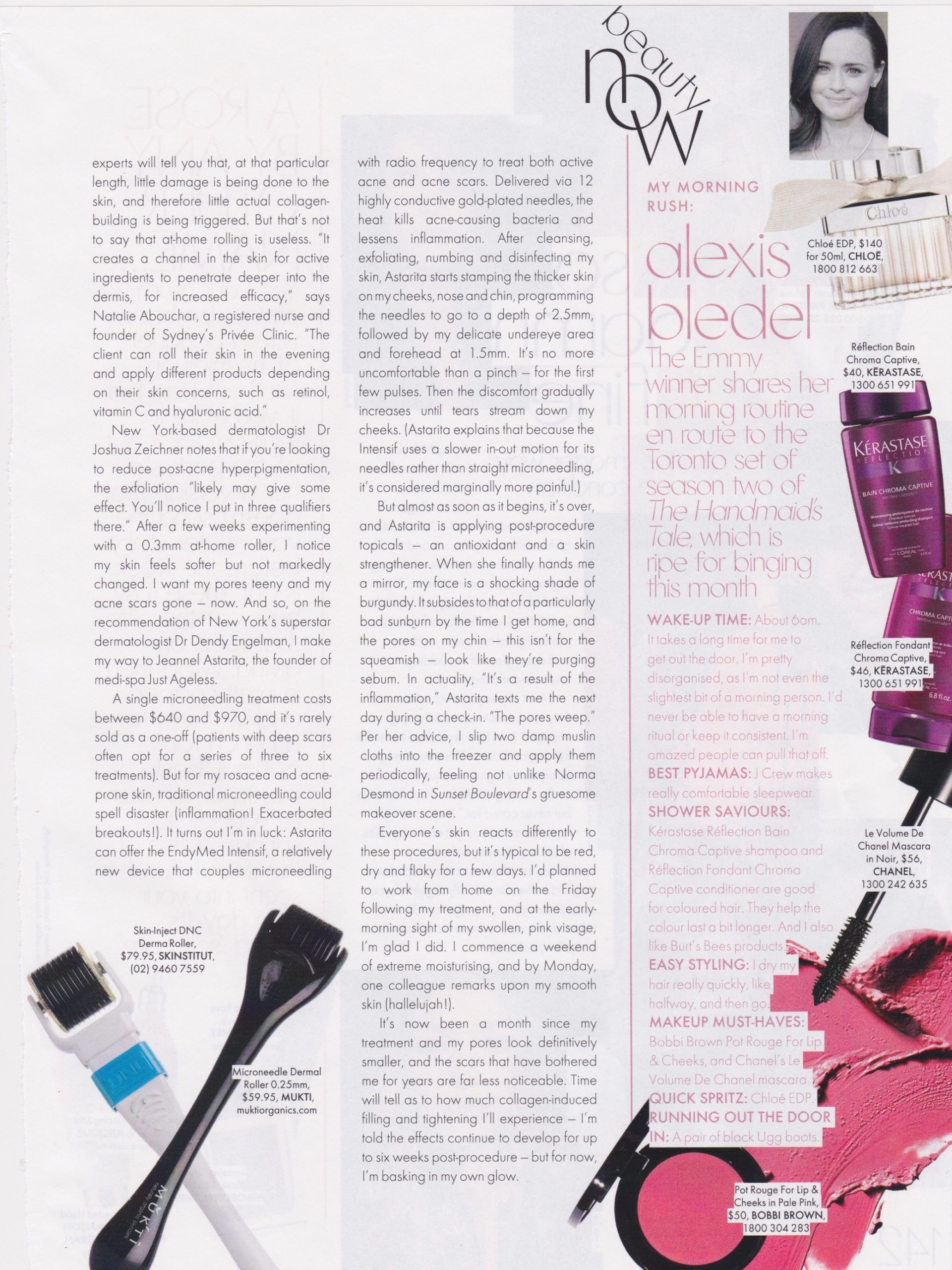 Magazine layout featuring actress Alexis Bledel; beauty products.